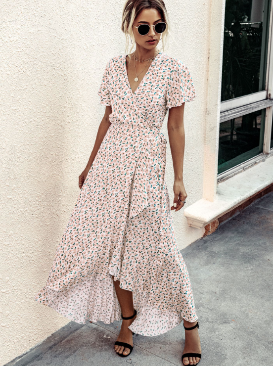 Ditsy Print V-Neck Flutter Sleeve Tie Waist Wrap High Low Maxi Dress 7