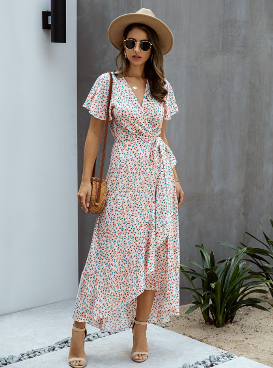 Ditsy Print V-Neck Flutter Sleeve Tie Waist Wrap High Low Maxi Dress
