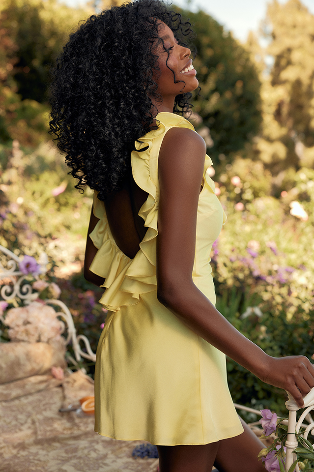 Yellow Silk Satin Ruffle Mini Dress 7