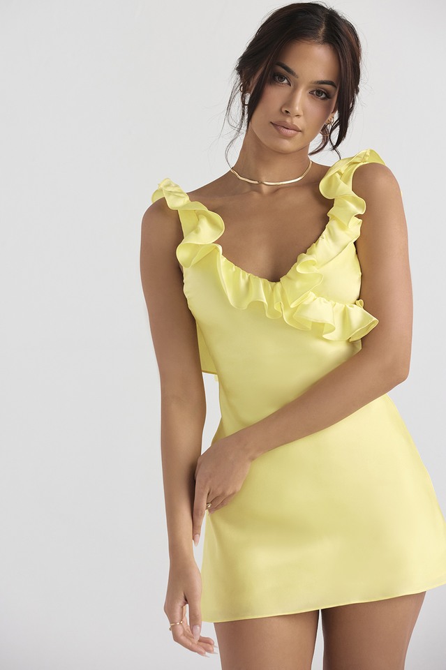 Yellow Silk Satin Ruffle Mini Dress 2