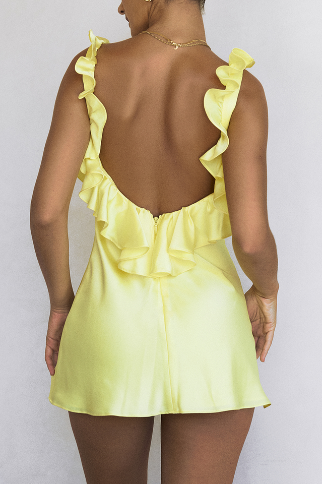 Yellow Silk Satin Ruffle Mini Dress 8