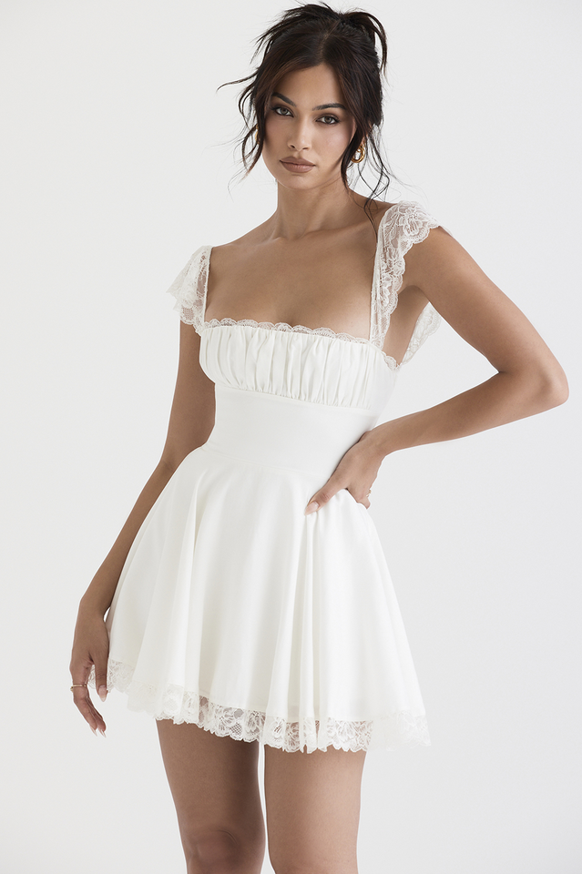 Square Neck Lace Cap Sleeve Ruched Bust A-Line Mini Dress