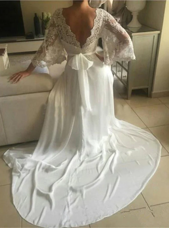 2023 Cheap A Line V Neck Lace Sleeves Back Bowknot Wedding Dresses fg1956