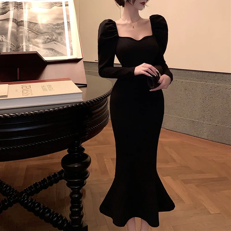 Elegant Mermaid Black Long Dress Women Korean One Piece Vintage Gothic Evening Party Dress fg2531