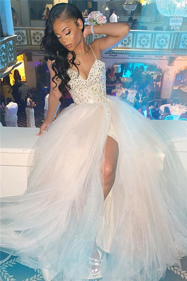 2023 Cheap A Line White Sweetheart Beaded Tulle Side Slit Prom Dresses fg3133