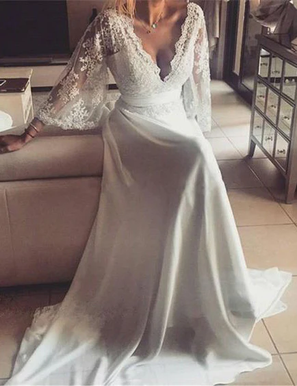 2023 Cheap A Line V Neck Lace Sleeves Back Bowknot Wedding Dresses fg1956