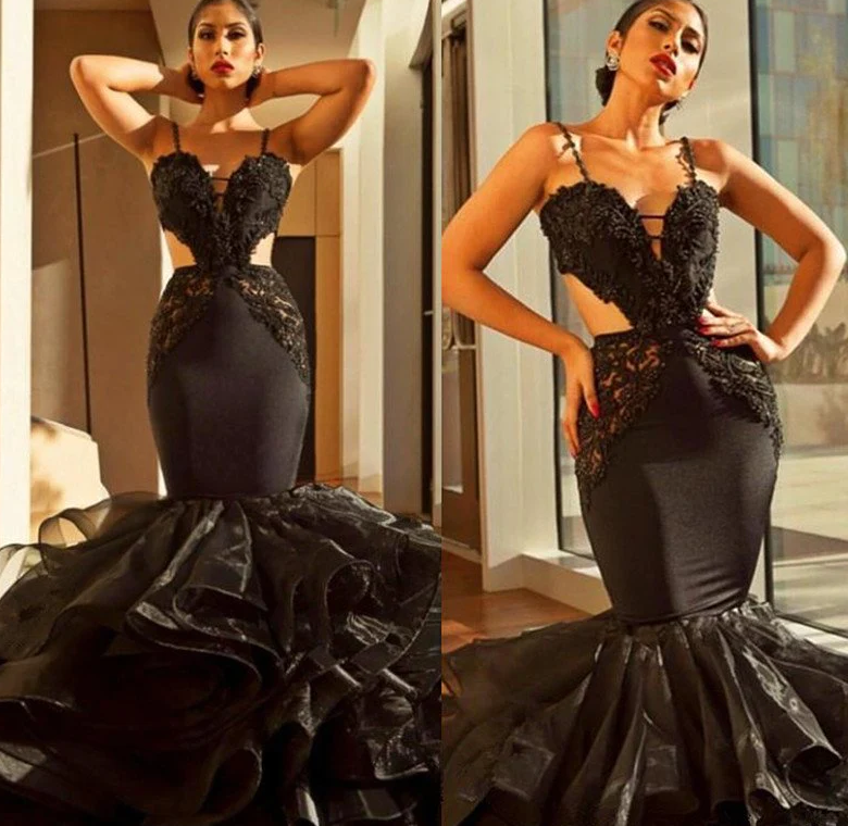 Glamorous Black Spaghetti-Straps Mermaid Prom Dresss Lace Appliques With Ruffles fg1587