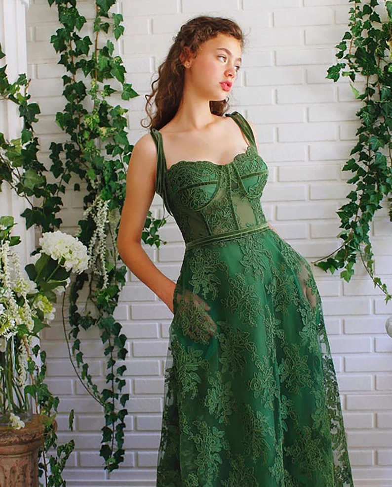 Dark Green Lace Prom Gown,A line Long Green Lace Fairy Prom Dress,Sweetheart Tied Straps Ball Gown Prom Dress, Lace Homecoming/Party Dress