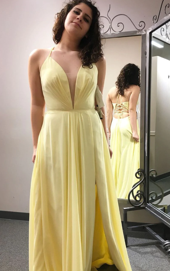 Elegant V Neck A-Line Yellow Long Prom Dress with Slit