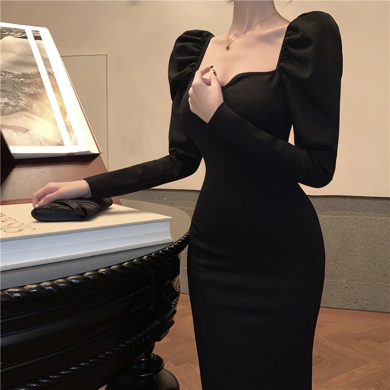 Elegant Mermaid Black Long Dress Women Korean One Piece Vintage Gothic Evening Party Dress fg2531
