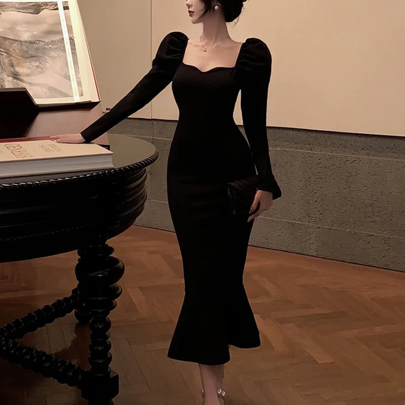 Elegant Mermaid Black Long Dress Women Korean One Piece Vintage Gothic Evening Party Dress fg2531