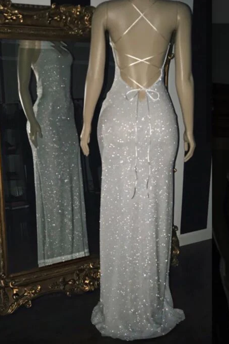 2023 Silver Halter Sequins Prom Dresses fg1386