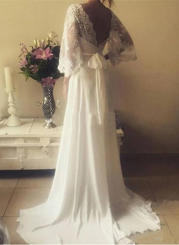 2023 Cheap A Line V Neck Lace Sleeves Back Bowknot Wedding Dresses fg1956
