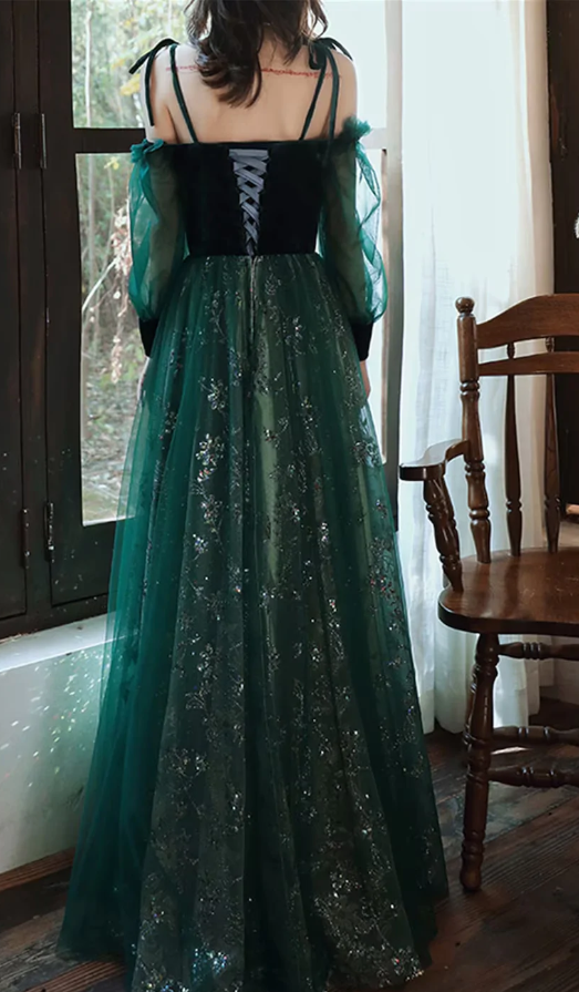 Dark Green Tulle Stunning Sequin Spaghetti Straps Prom Dress, Green Party Dress