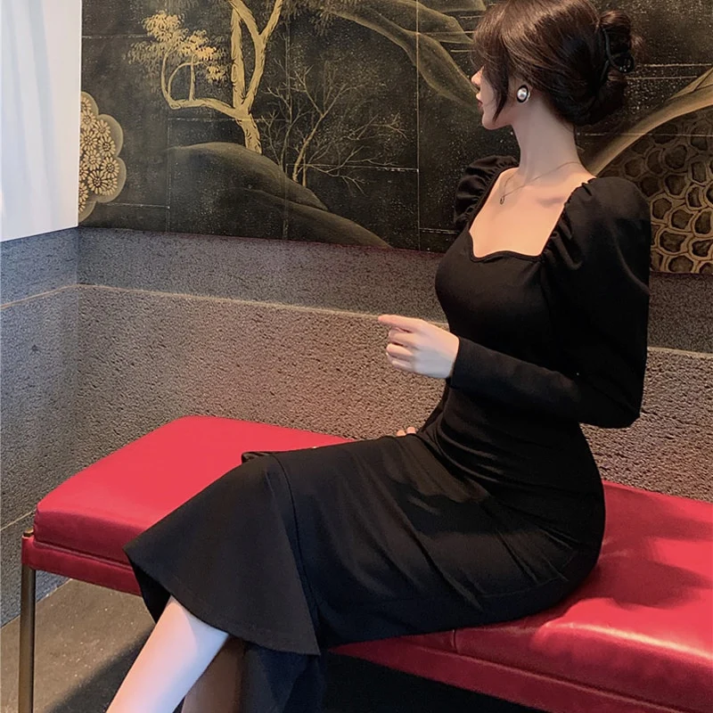 Elegant Mermaid Black Long Dress Women Korean One Piece Vintage Gothic Evening Party Dress fg2531