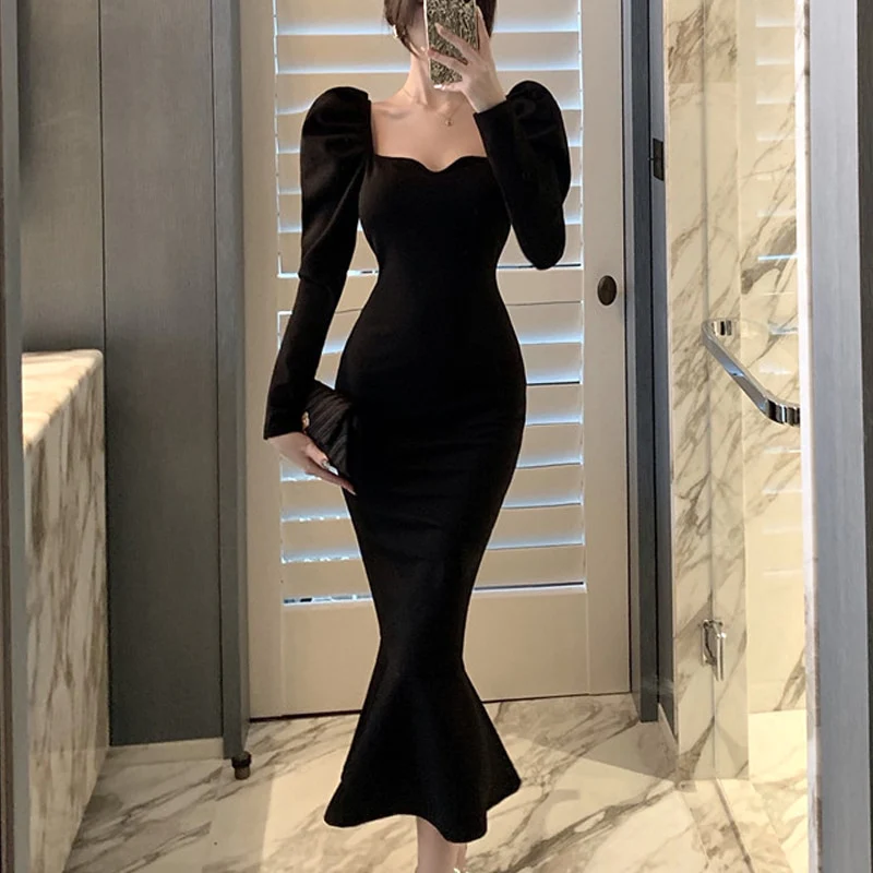 Elegant Mermaid Black Long Dress Women Korean One Piece Vintage Gothic Evening Party Dress fg2531