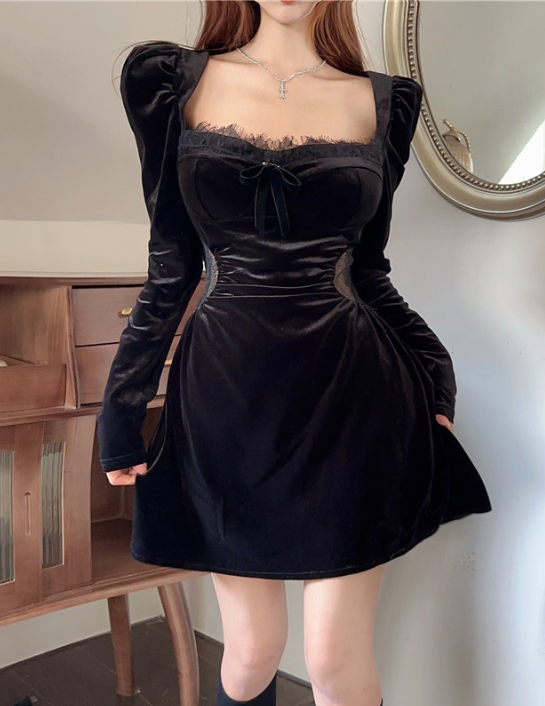 Velvet Square Neck Lace Trim Bow Front Puff Long Sleeve Mini Dress 2