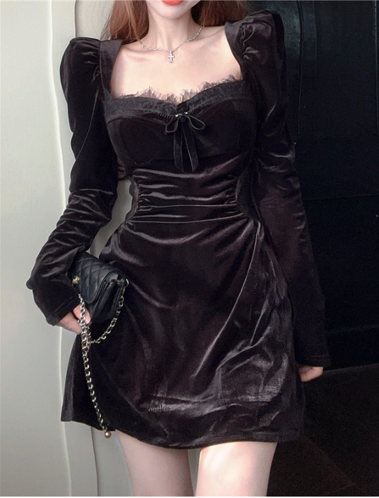 Velvet Square Neck Lace Trim Bow Front Puff Long Sleeve Mini Dress