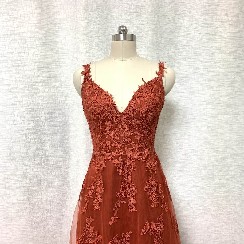 Burnt Orange Lace Tulle Prom Dress