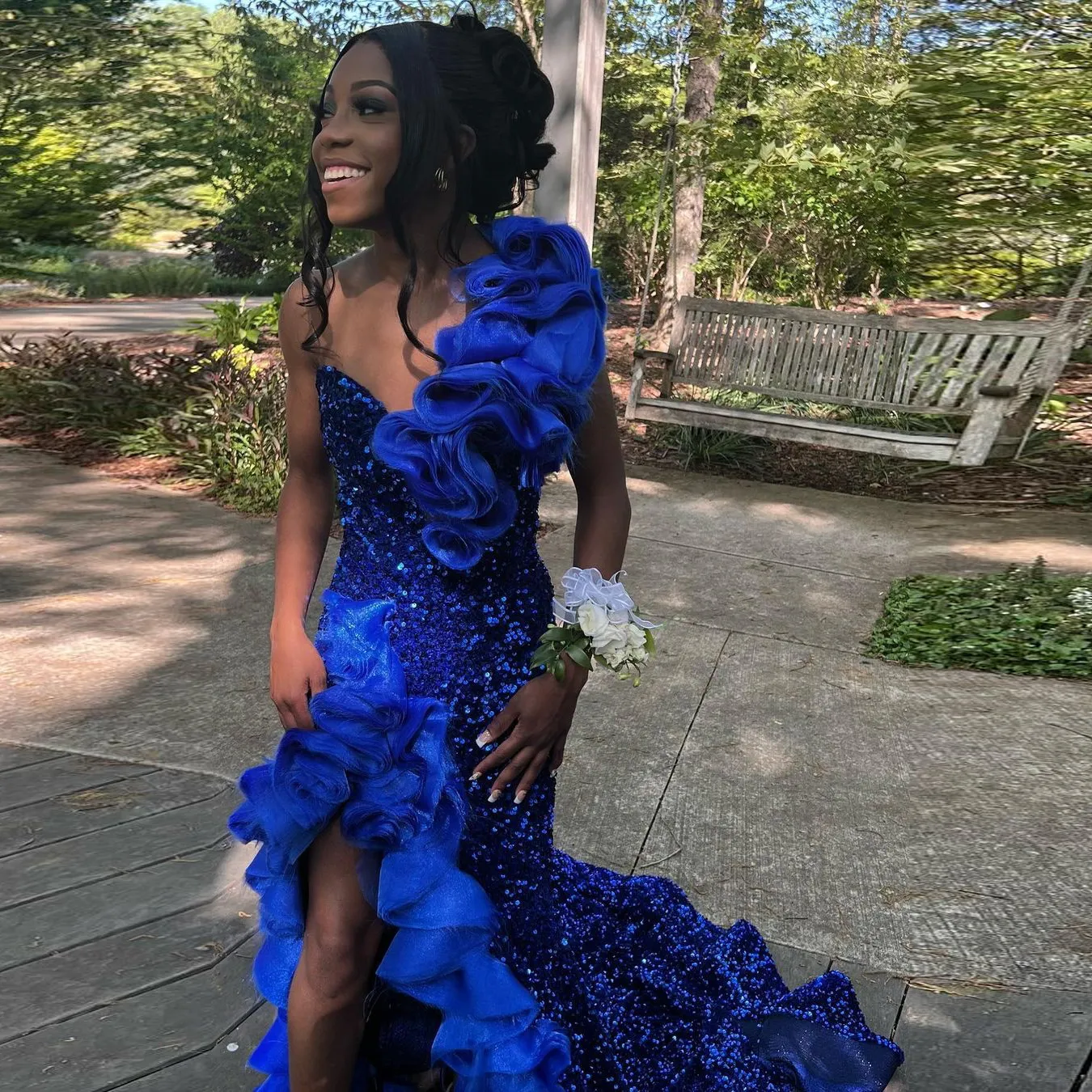 Blue Long Prom Dress Sequined Ruffles Side Split Sexy Evening Dress Graduation Party Gowns