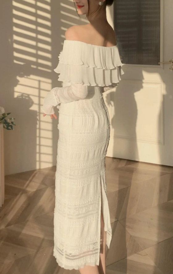 Elegant White Midi Dress Office Lady Long Sleeve Sexy Beach Party Bodycon Dress