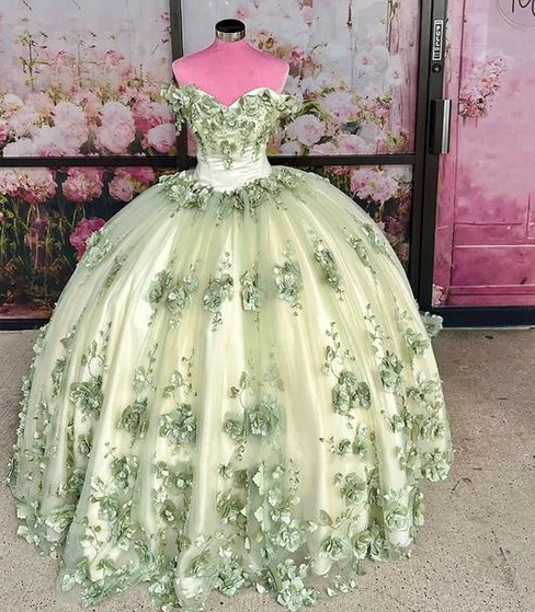 2024 New Sage Green Quinceanera Dress Plus Size 3D Flowers Pearls Prom Dresses fg4422