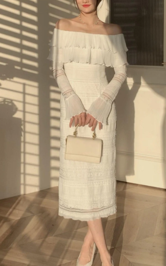 Elegant White Midi Dress Office Lady Long Sleeve Sexy Beach Party Bodycon Dress