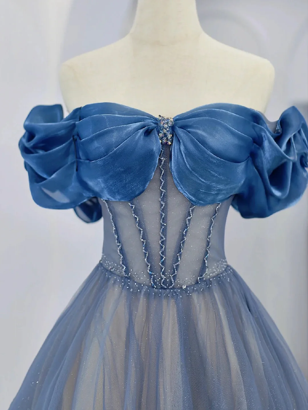 Blue Tulle Beaded Long Prom Dress Off The Shoulder Evening Party Dress