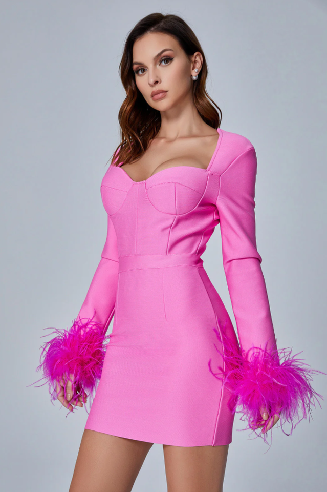Feather Cuff Long Sleeve Sweetheart Bustier Bandage Mini Dress 7