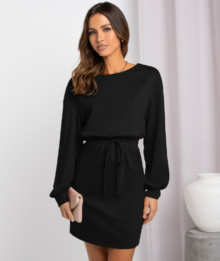 Round Neck Lantern Sleeve Drawstring Waist Sweatshirt Mini Dress 7