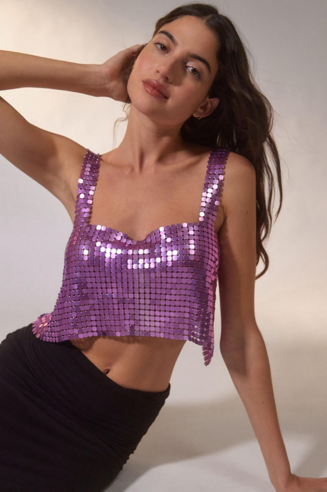Metallic Sequin Chainmail Sweetheart Neck Wide Strap Crop Top