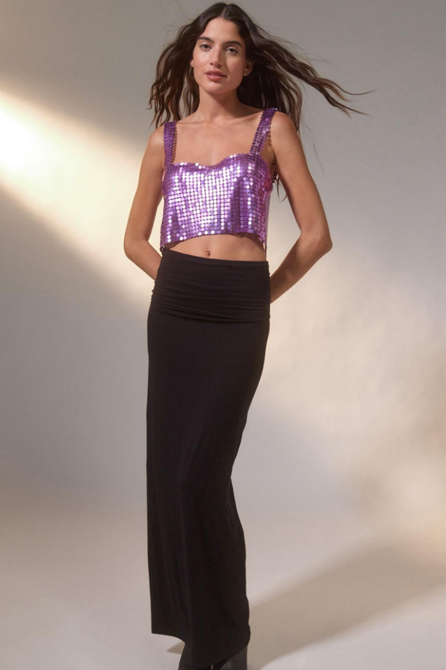 Metallic Sequin Chainmail Sweetheart Neck Wide Strap Crop Top 4