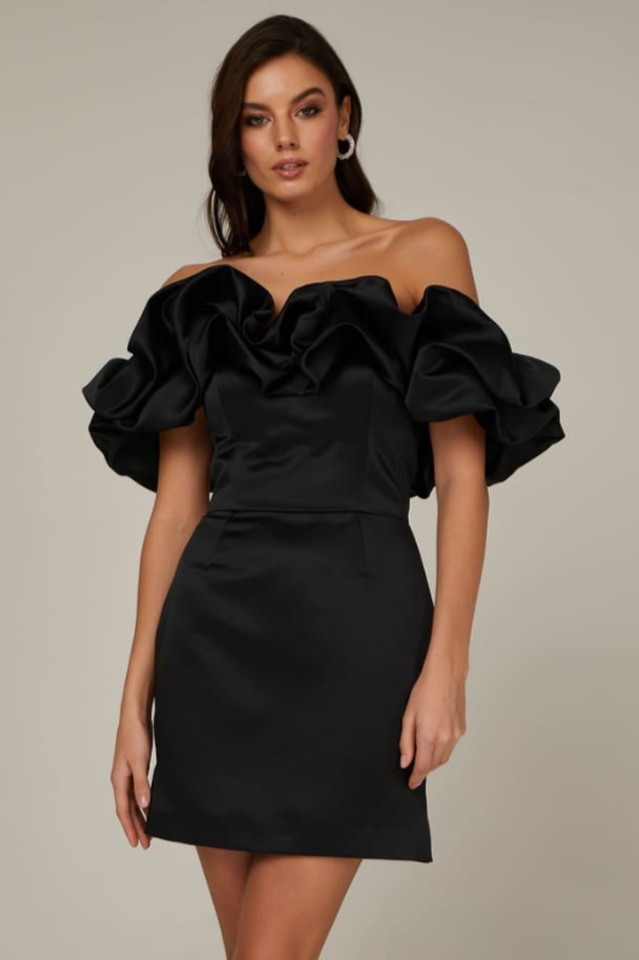 Off Shoulder Ruffle Peplum Corset Structured Satin Mini Dress