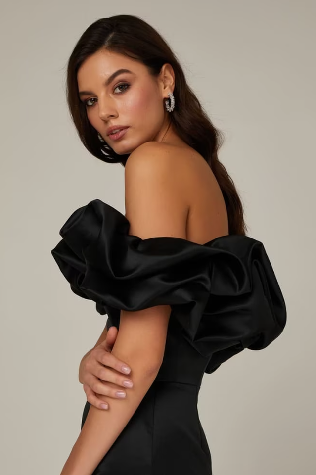 Off Shoulder Ruffle Peplum Corset Structured Satin Mini Dress