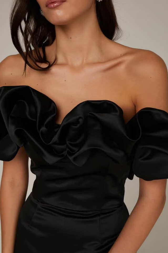Off Shoulder Ruffle Peplum Corset Structured Satin Mini Dress