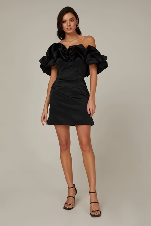 Off Shoulder Ruffle Peplum Corset Structured Satin Mini Dress