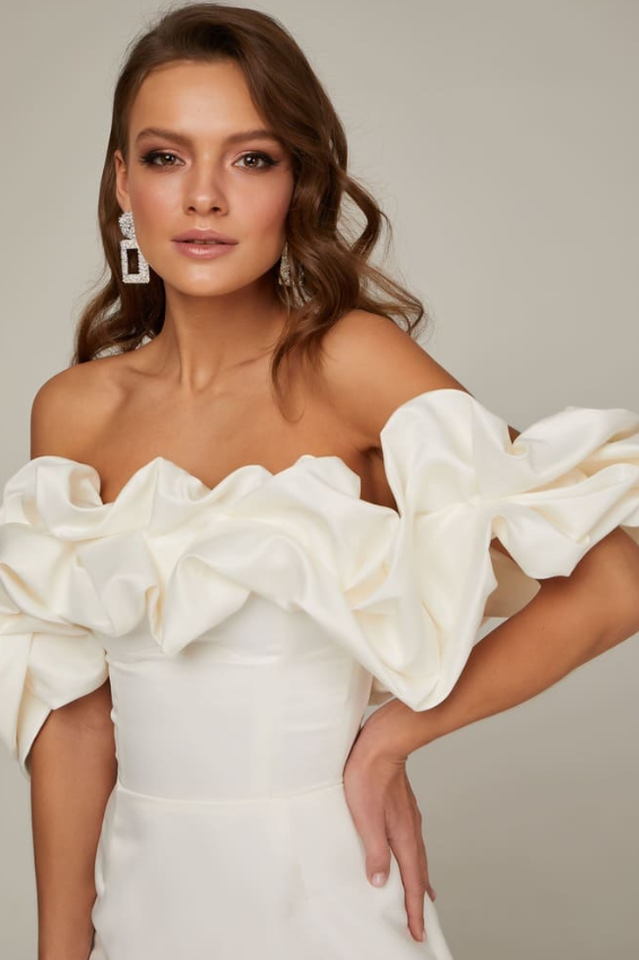 Off Shoulder Ruffle Peplum Corset Structured Satin Mini Dress