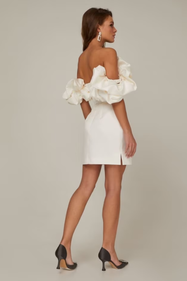 Off Shoulder Ruffle Peplum Corset Structured Satin Mini Dress