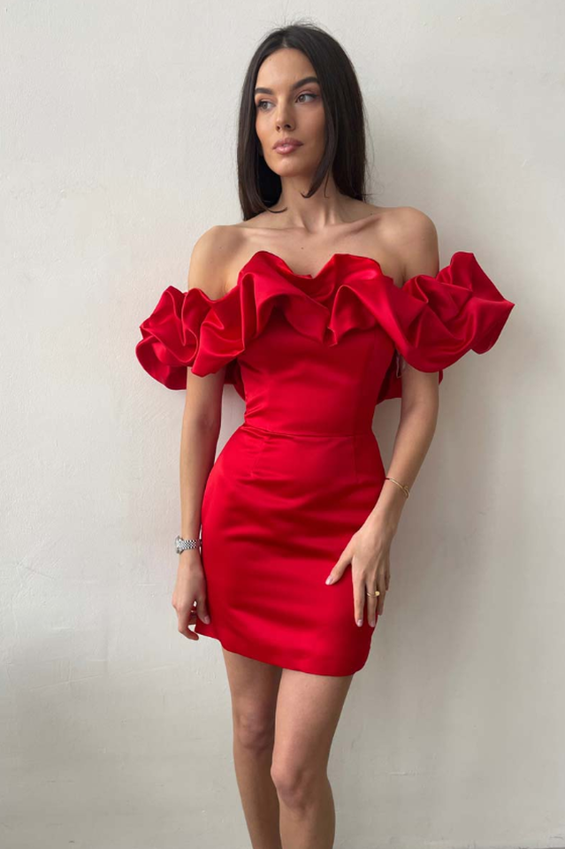 Off Shoulder Ruffle Peplum Corset Structured Satin Mini Dress