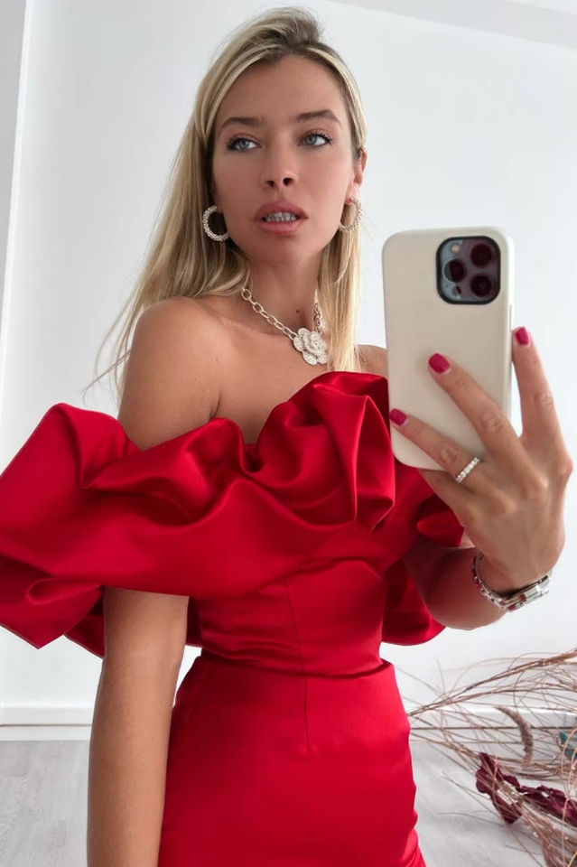 Off Shoulder Ruffle Peplum Corset Structured Satin Mini Dress