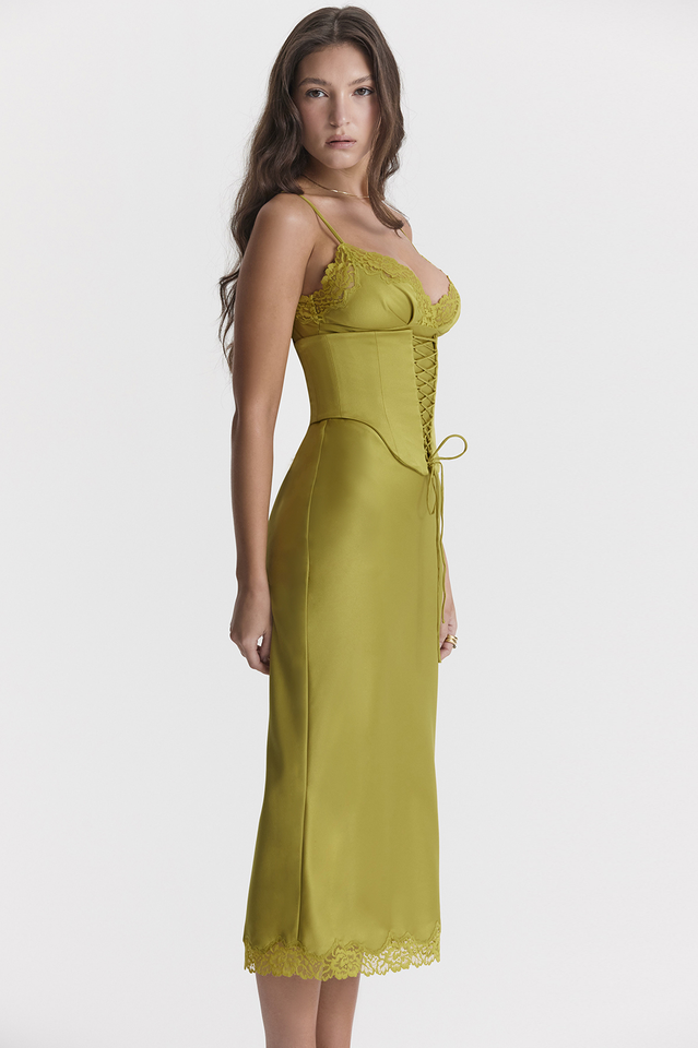 Satin Corset Lace Up Lace Trim Slip Midi Dress