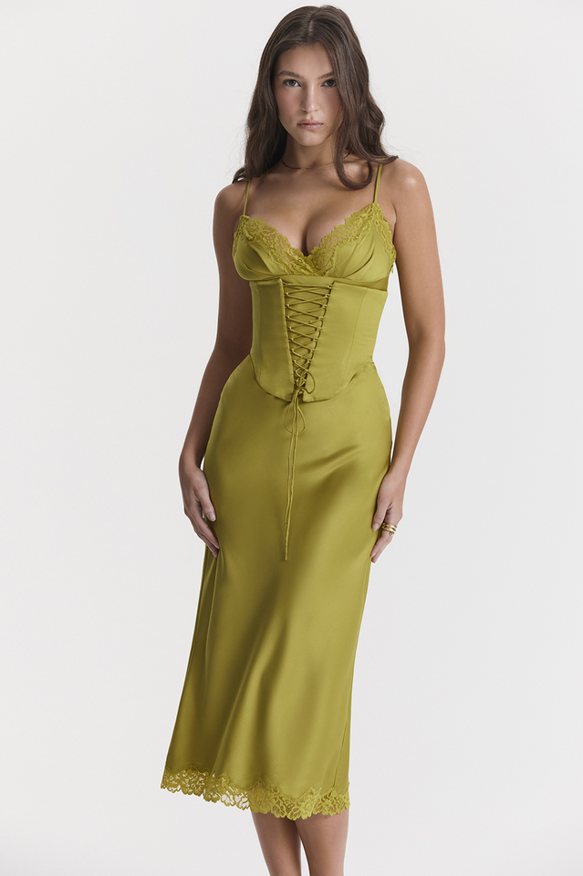 Satin Corset Lace Up Lace Trim Slip Midi Dress
