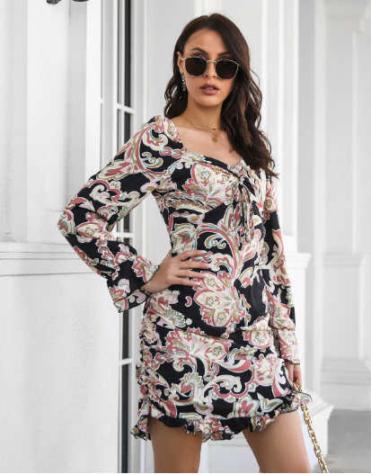 Paisley Print Twist Front Long Sleeve Ruched Ruffle Hem Mini Dress 8