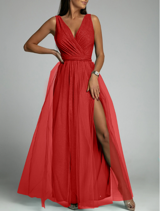Glitter Tulle Deep V-Neck Sleeveless Wrap Bodice High Split Maxi Gown 10
