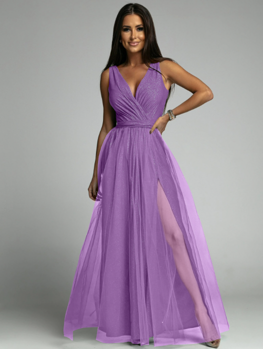 Glitter Tulle Deep V-Neck Sleeveless Wrap Bodice High Split Maxi Gown
