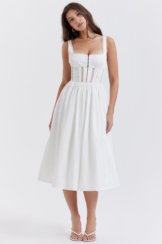 White Lace Trim Midi Dress - View 2