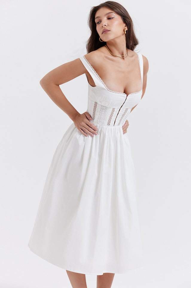 White Lace Trim Midi Dress - View 6