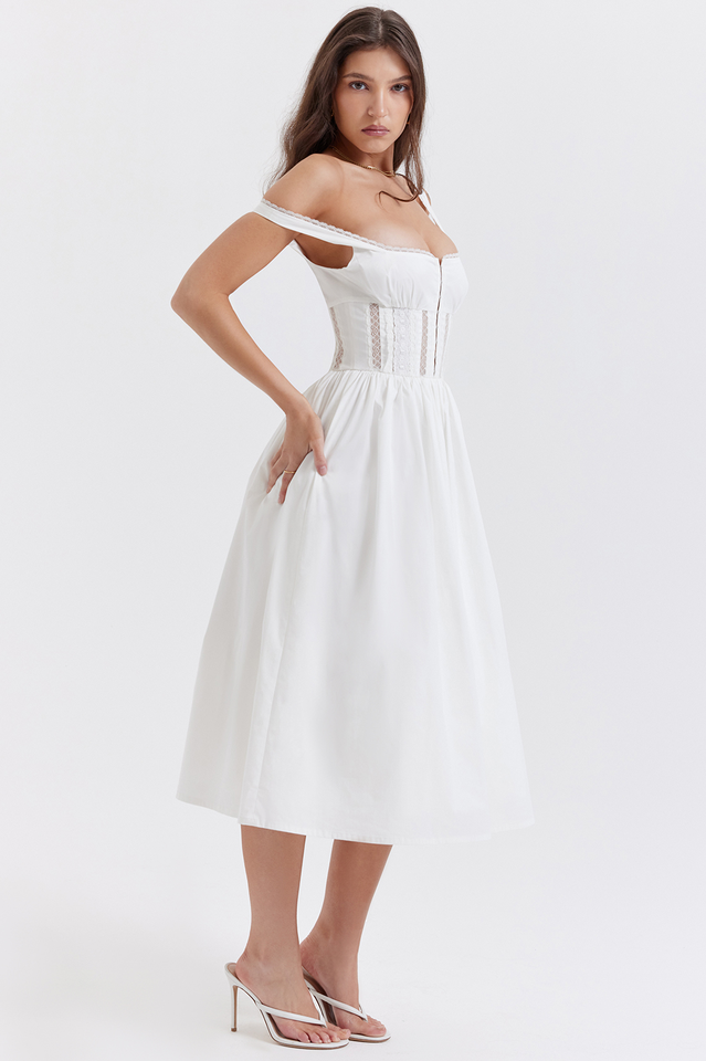 White Lace Trim Midi Dress - View 4