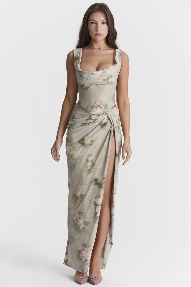 Floral Cowl Neck Corset High Slit Maxi Two Piece Set