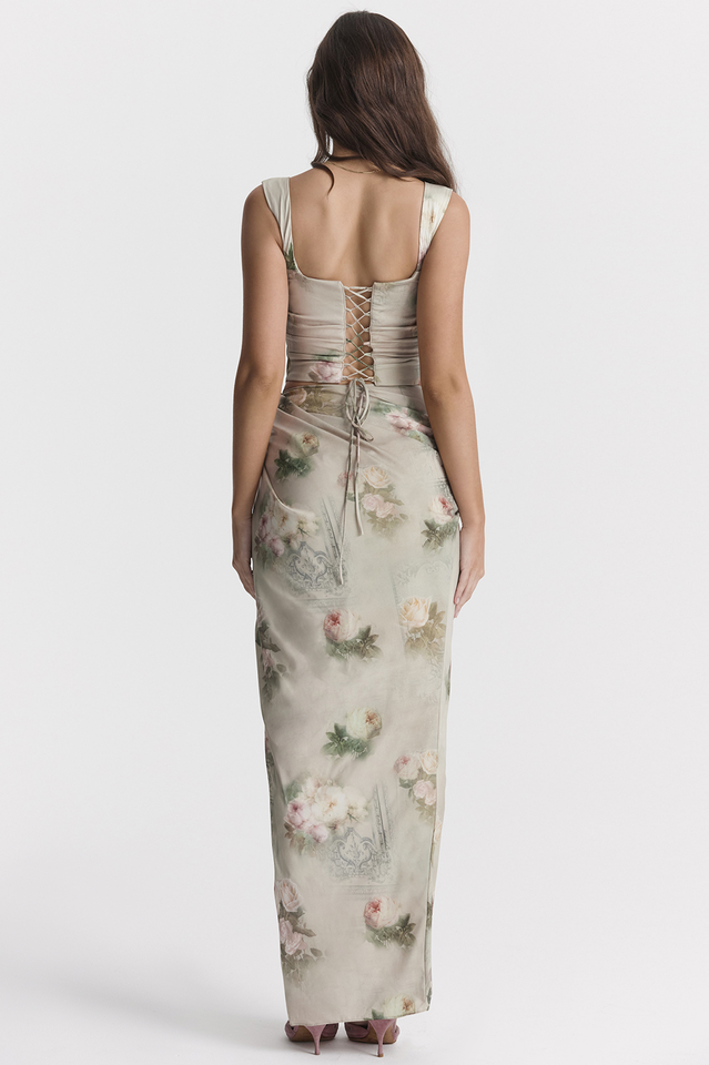 Floral Cowl Neck Corset High Slit Maxi Two Piece Set